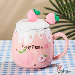 Cute Cartoon Ceramic Water Cup for Women with Lid and Spoon, Large Capacity, High Aesthetic Value, Coffee Mug, Household Couple Cup