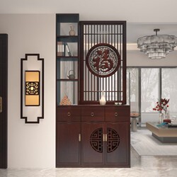 New Chinese-Style Screen Partition Cabinet for Entryway Facing the Door, Living Room Household Solid Wood Carving with the Character 