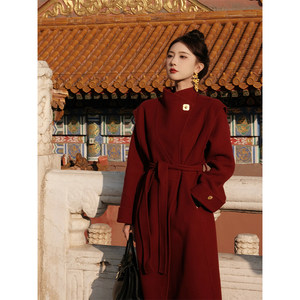 SHAOER classic red mid-length double-sided woolen coat 2025 new high-end slimming temperament woolen coat