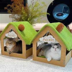 Forest-Style Wooden Cat House, Suitable for All Seasons, Enclosed and Safe Dog House with Cooling Mat, Pet Cat Supplies