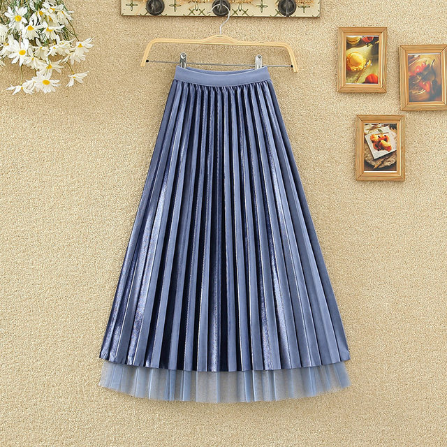 Wear golden velvet pleated skirts on both sides, women's spring and autumn, high waist, thin waist, and hi -shaped gauze mid -length skirt
