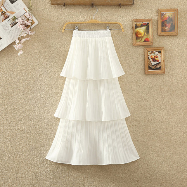 2024 spring and summer new high-waist layered spliced ​​cake skirt design niche mid-length pleated skirt for women