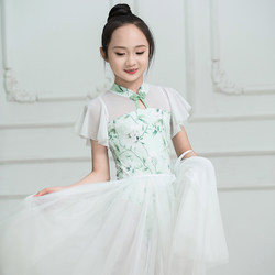 Children's Dance Gymnastics Clothing, Female Ballet Practice Clothing, Printed Color-Blocked Short-Sleeved High-Neck Dance Jumpsuit, Dance Skirt