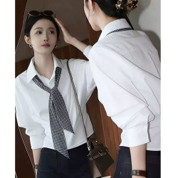 Minimalist Style Polo Collar Shirt with Scarf for Women, Spring 2026 New Slim-Fit Long-Sleeve Shirt with a Sense of Design