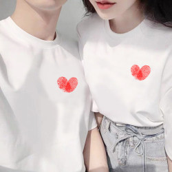 Special Couple T-Shirts 2024 New Summer Style Pure Cotton Fingerprint Heart Design Short-Sleeve Trendy for Marriage Registration