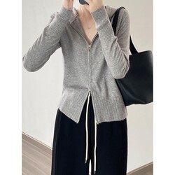 Gray Hooded Sweatshirt for Women, Spring and Autumn Thin Zip-Up Knit Cardigan, Short Top, Early Spring 2025 Jacket
