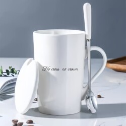Simple Ceramic Mug with Lid and Spoon for Coffee and Water, Suitable for Home and Office Use, Creative and Trendy Design for Men and Women