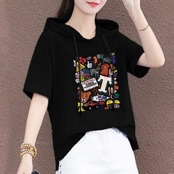 Pure Cotton Drawstring Sweatshirt Women's Top Loose 2026 Korean Style Trendy Age-Reducing Casual Hooded Short-Sleeved Thin Women's Clothing