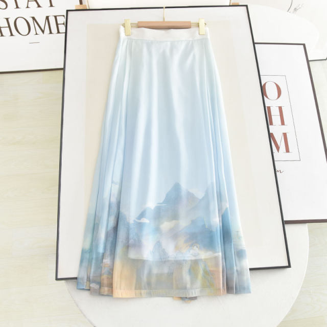 Colorful modified thin horse-faced skirt new Chinese style high-waisted slim Chinese style printed long pleated skirt