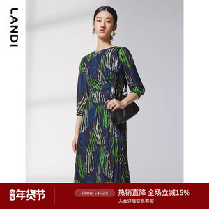 LANDI round neck retro art print high -waisted pleated dress female spring new product small skirt
