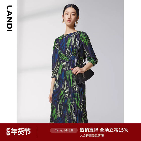 LANDI round neck retro art print high -waisted pleated dress female spring new product small skirt
