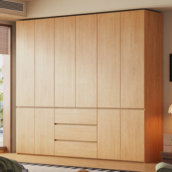 Solid Wood Wardrobe with No Handles, Home Bedroom Storage, Oak Natural Wood Style, Four or Six Doors, Segmented Large Wardrobe