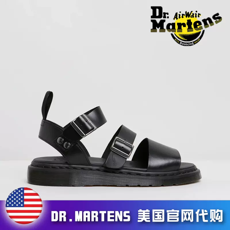 Dr Martens马丁博士Gryphon 舒适百搭休闲罗马双扣带黑色平底凉鞋-Taobao