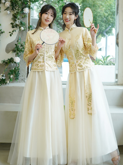 Chinese Style Bridesmaid Suit - Long Sleeve A-Line Dress