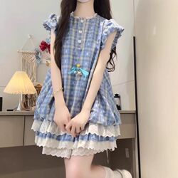 Girls' Dress Summer 2025 New Style Fashionable Children's Plaid Doll Short Skirt Girl Puff Sleeve Princess Dress