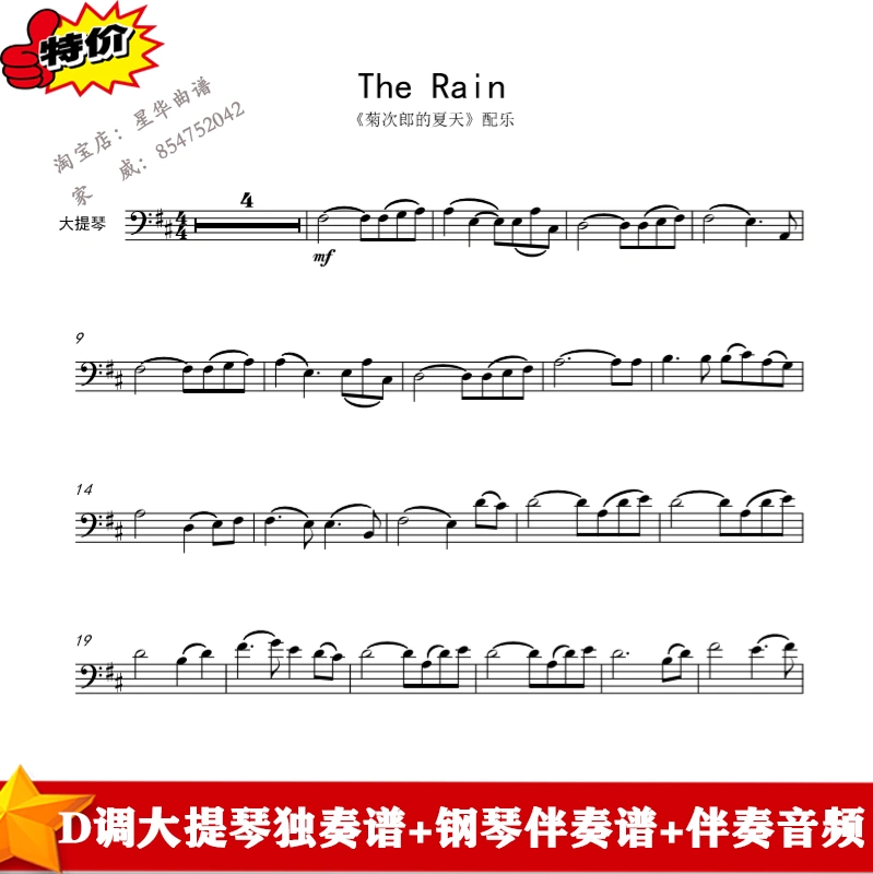 The Rain D调大提琴谱 钢琴伴奏谱 伴奏音频菊次郎的夏天