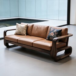 New Chinese-Style Black Walnut Wood 2026 New Model Genuine Leather Sofa, Three-Seater, Straight-Row Modern Minimalist Sofa for Living Room