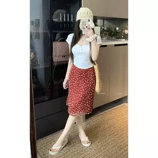 Korean sweet girl design floral red high-waisted skirt spring and summer new temperament versatile fishtail A-line skirt for women