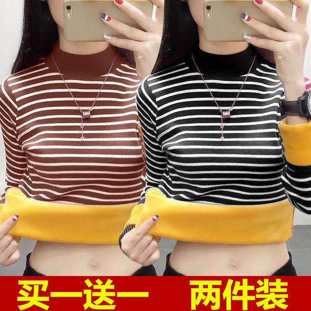 Ploved velvet thick inner bottom shirt female autumn and winter new large size half -high -neck stripe long -sleeved T -shirt warm top

