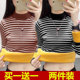 Ploved velvet thick inner bottom shirt female autumn and winter new large size half -high -neck stripe long -sleeved T -shirt warm top
