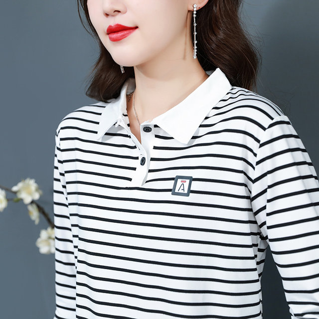 T-shirt women's long-sleeved 2022 autumn striped POLO collar women's large size western style mom tops age-reducing bottoming shirt