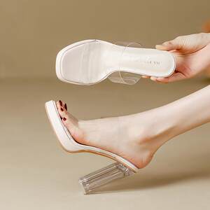 
Transparent Sandals Women's High Heels 2027 Summer New Style Medium Heels Fashion Thick Heels Outerwear Rhinestone Sandals Slippers Gift