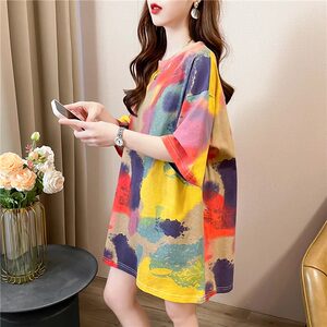 
Large size women's mid-length short-sleeved T-shirt for women in summer 2025 new style loose butt-covering lazy style tie-dye top