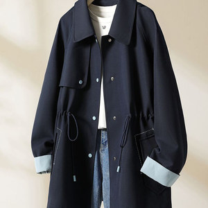 High-end contrasting color petite fashionable waist casual windbreaker jacket for women spring and autumn new mid-length loose style