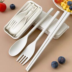 Chopsticks and Spoon Set, Portable Wheat Straw, Foldable and Retractable Tableware for Students and Office Workers, Knife and Fork with Storage Box