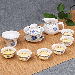 Exquisite Hollow Ceramic Kung Fu Tea Set with Teacups, Gaiwan, Teapot for Brewing Tea, Suitable for Home, Office, and Entertaining Guests in Chinese Style