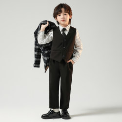 Children's Suit Set Casual Plaid Jacket Small Suit 2025 New Stylish Boys' Casual Fleece-Lined Formal Wear
