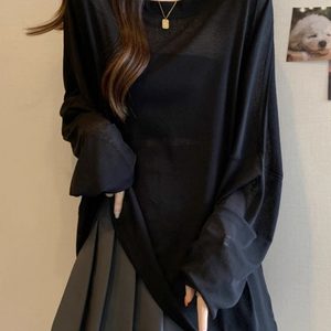 
Black sunscreen blouse for women summer fat mm large size 200*0.5kg loose tulle ice silk long sleeve T-shirt lazy style top trendy