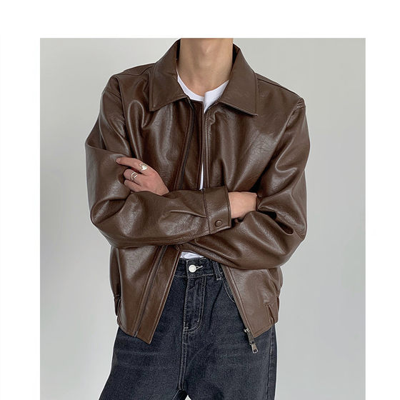 Timpeake Korean version of retro leather jacket loose and versatile short leather jackets Handsome trendy men A27
