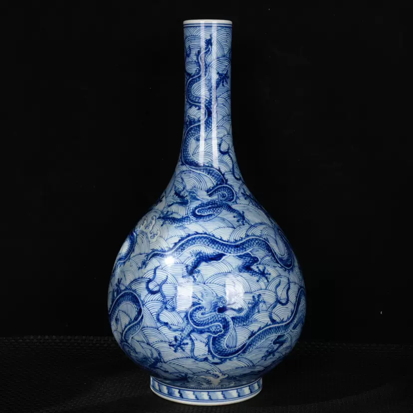 清雍正青花海水九龙纹胆瓶古董古玩古瓷器收藏-Taobao