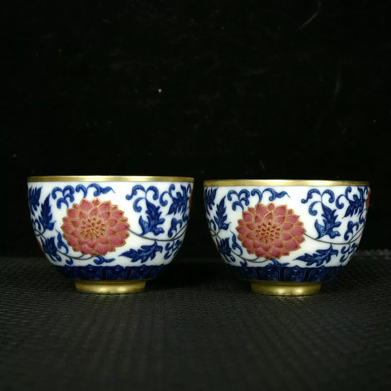 清乾隆青花胭脂红釉缠枝莲花纹鎏金杯子古董古玩古瓷器-Taobao