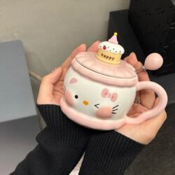 Cute Kt Cat Ceramic Mug with Lid and Spoon, Cartoon Birthday Cake Shape Water Cup