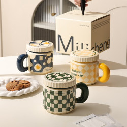 Mug with Lid, Niche Design Cup, Gift Box, Couple Cup, Large Capacity Ceramic Cup, Office Water Cup
