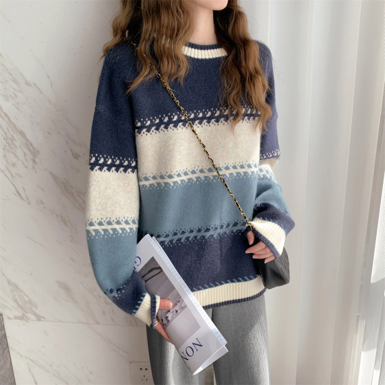 
Tangshi autumn and winter sweater women's color-blocked wide striped round neck pullover spring and autumn can be worn outside fashion splicing sweater tu