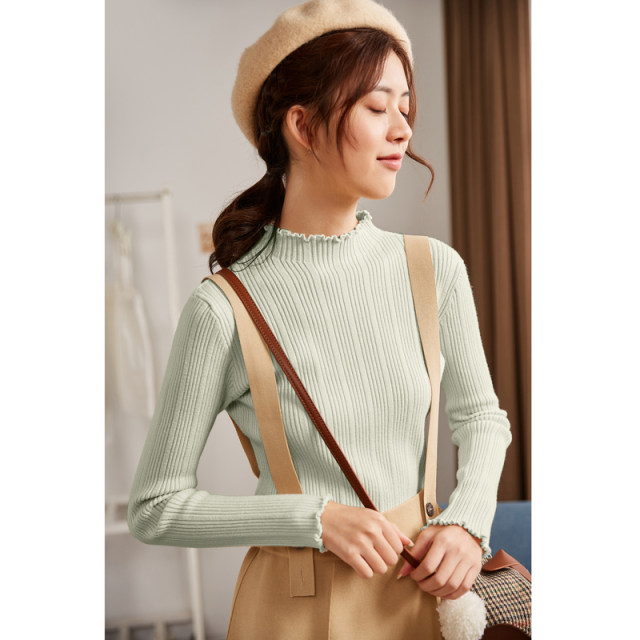 Tang Shi Half High Neck Clean Color Vertical Strip Wool Base Shirt Women's Autumn and Winter Long Sleeve Knitted Top Slim Sweater
