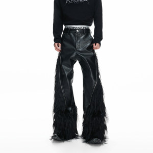 ArguE CulturE imitation wolf fur deconstructed splicing wide-leg pants crocodile pattern metal zipper straight leather pants for men