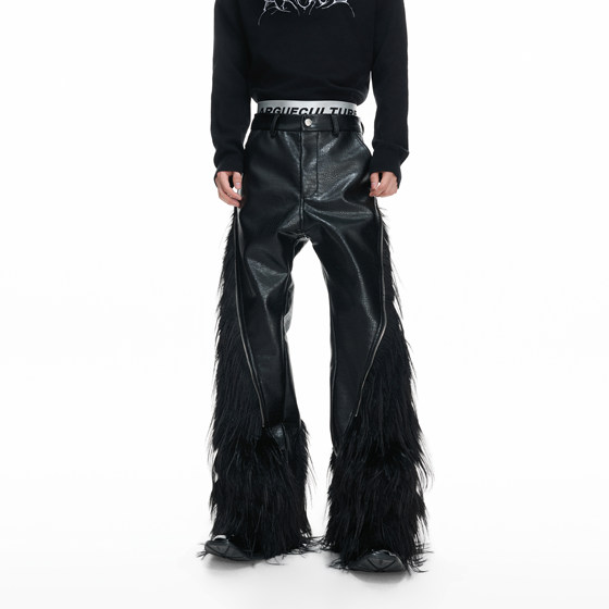 ArguE CulturE imitation wolf fur deconstructed splicing wide-leg pants crocodile pattern metal zipper straight leather pants for men