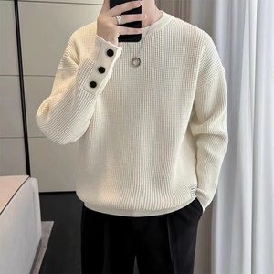 New autumn and winter waffle sweatshirts for men, loose velvet and thickened trendy tops, fashionable inner warm bottoming shirts