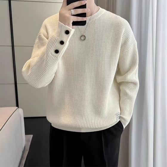 New autumn and winter waffle sweatshirts for men, loose velvet and thickened trendy tops, fashionable inner warm bottoming shirts