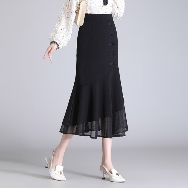 2024 new autumn high-waist one-step skirt long skirt mesh side fishtail skirt folding hip skirt skirt women autumn