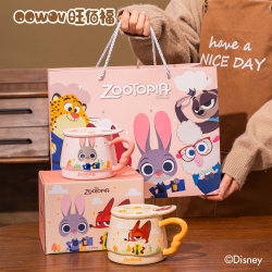 Wangbaifu Zootopia Ceramic Mug with Lid, High-Value Aesthetic Water Cup for Girls, Home Breakfast Coffee Cup