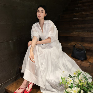 
Thirteen Porridge Suying Tencel micro-transparent summer slim long-sleeved waist temperament breathable light shirt dress for women