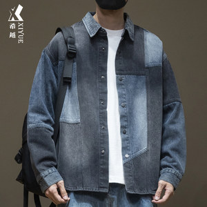 
Trendy brand spliced denim shirt men's jacket 2025 spring and autumn loose large size autumn and winter fat casual men's shirt