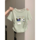 Light green short-sleeved T-shirt summer 2024 trendy cartoon embroidery slim fit pleated short round neck top Korean women's clothing
