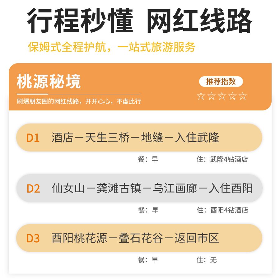 私家团重庆包车旅游3天2晚武隆天坑地缝酉阳桃花源龚滩古镇渝东南
