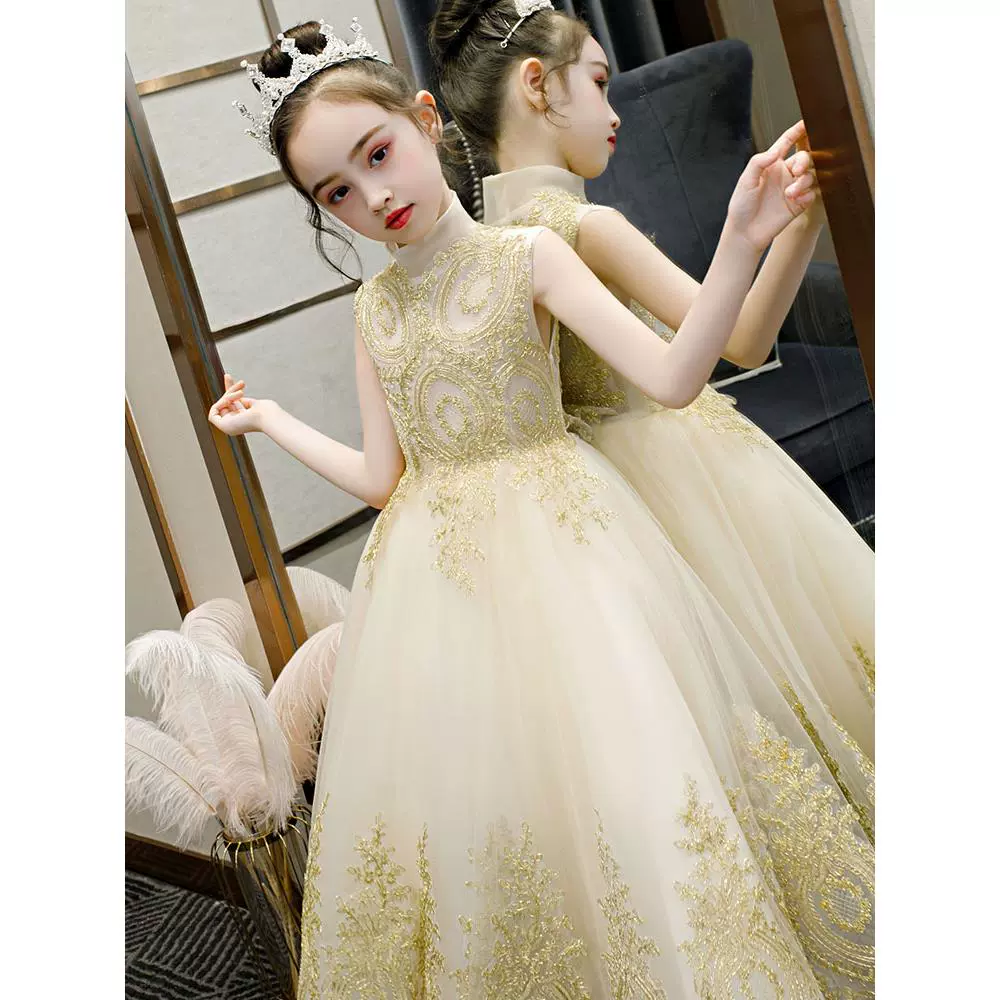金色儿童礼服花童公主裙独唱朗诵女童装蓬蓬模特走秀演出服连衣裙